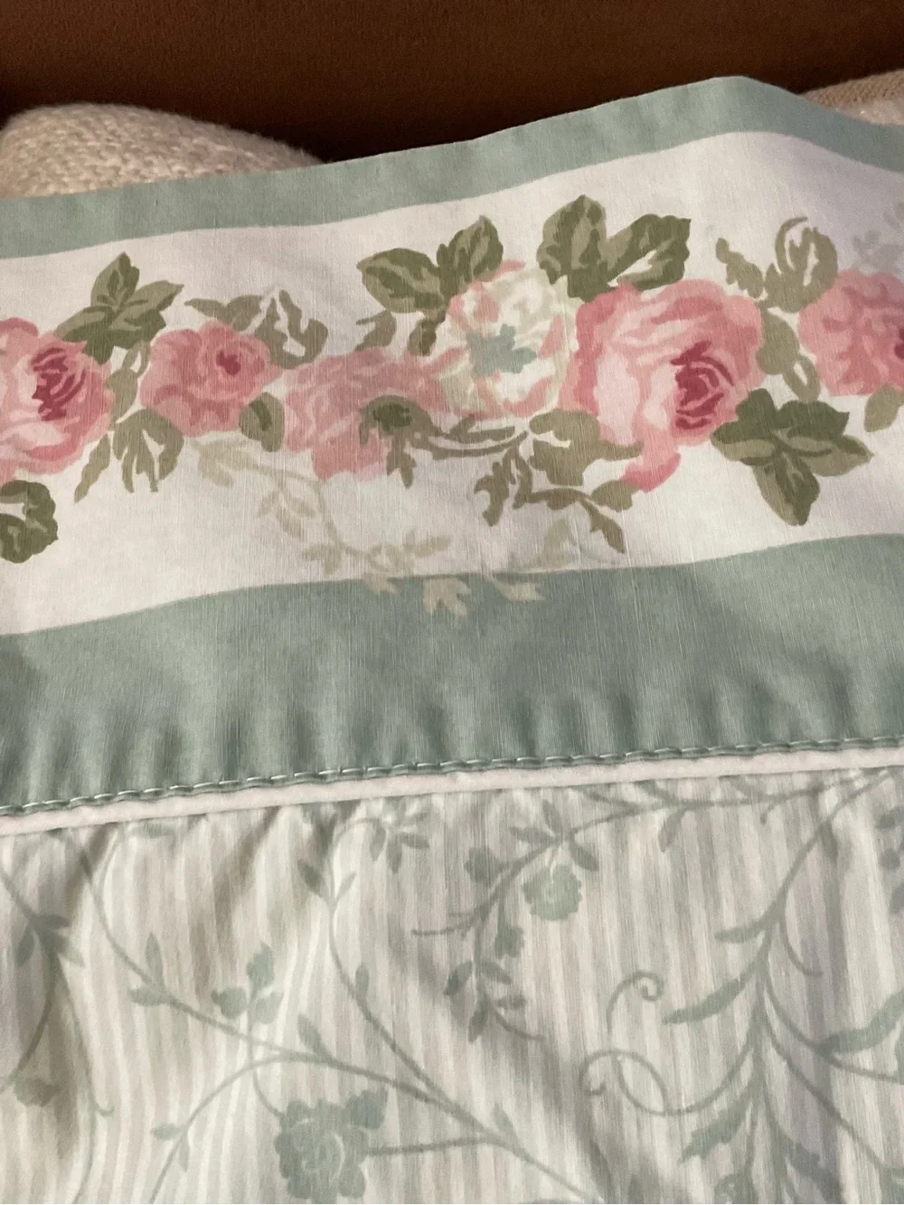 Laura Ashley Cottage Rose Floral W/Green Stripes Twin Sheet Set 4PCS-Vintage USA